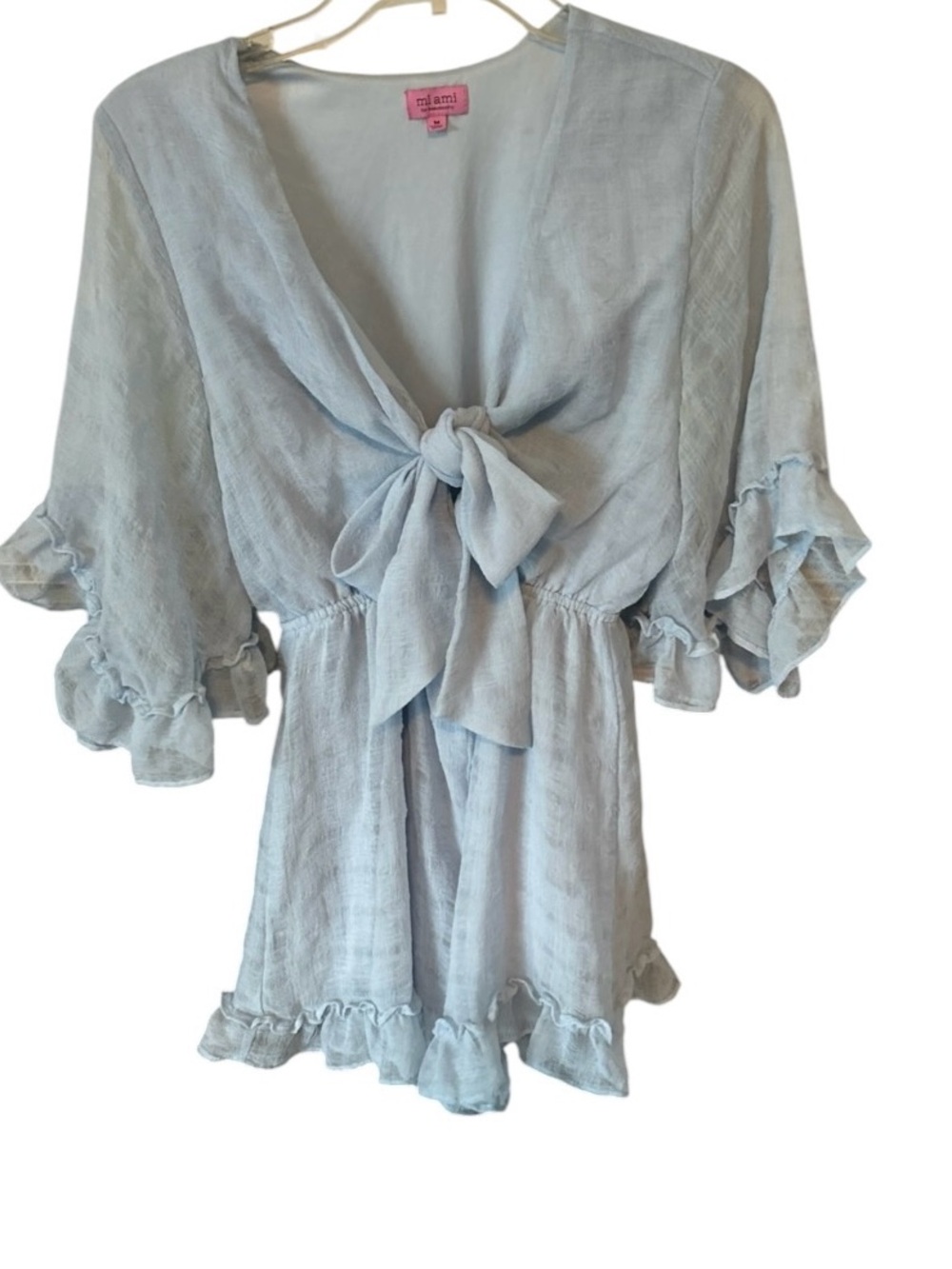 Mi Ami by Francesca Gauze Dress Sz M Baby Blue Ruffles 3/4 Sleeve Tie Front BOHO